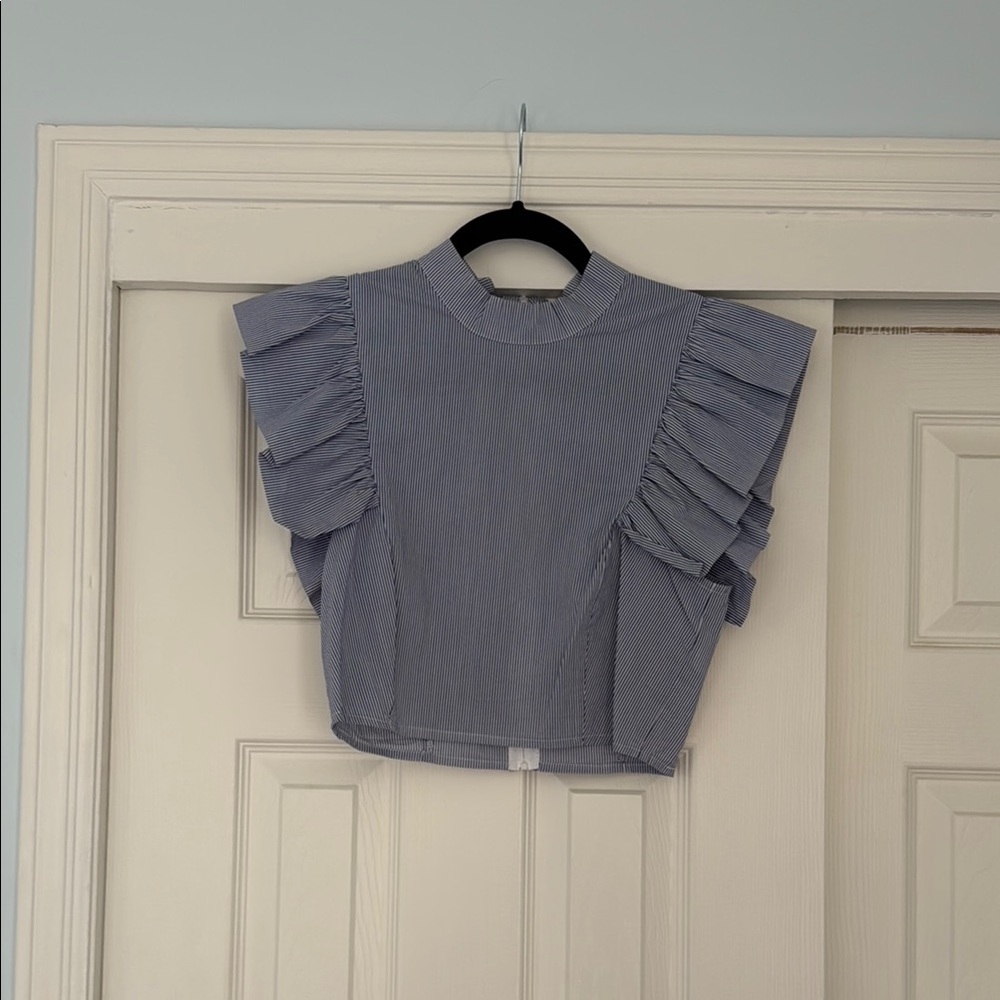 Blue and White Striped Ruffled Sleeveless Crop Top size 4